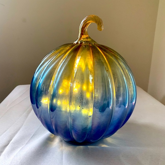 Handcrafted Blue and Gold Glass Pumpkin - Picture 1 of 3